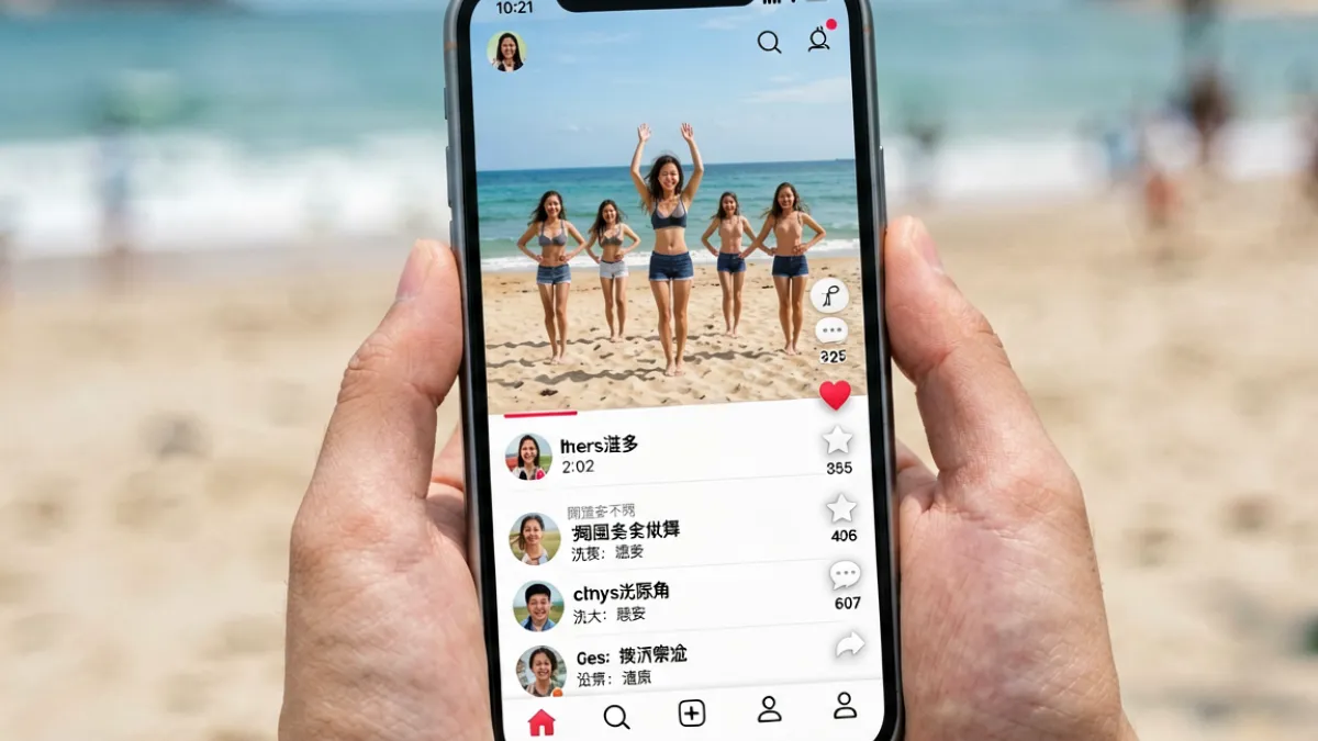 短视频平台上比基尼热舞联排视频的手机屏幕截图，评论区滚动显示大量互动留言