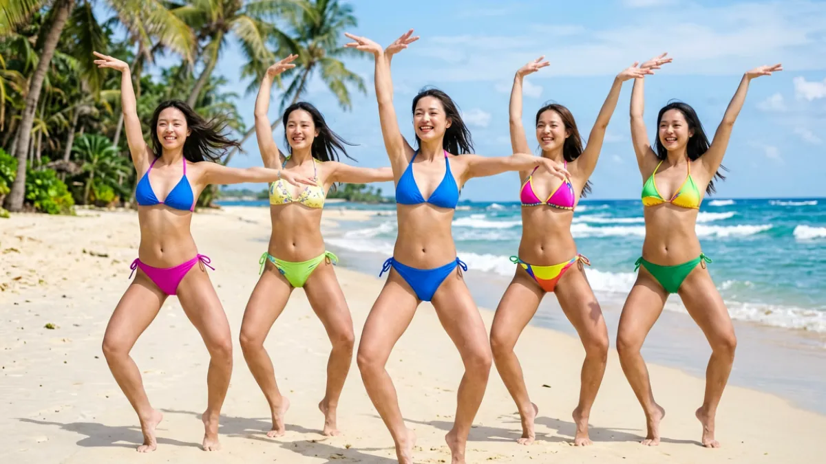 阳光沙滩上一组舞者身着彩色比基尼随节拍律动，海浪与热带风情融为一体的比基尼热舞表演画面